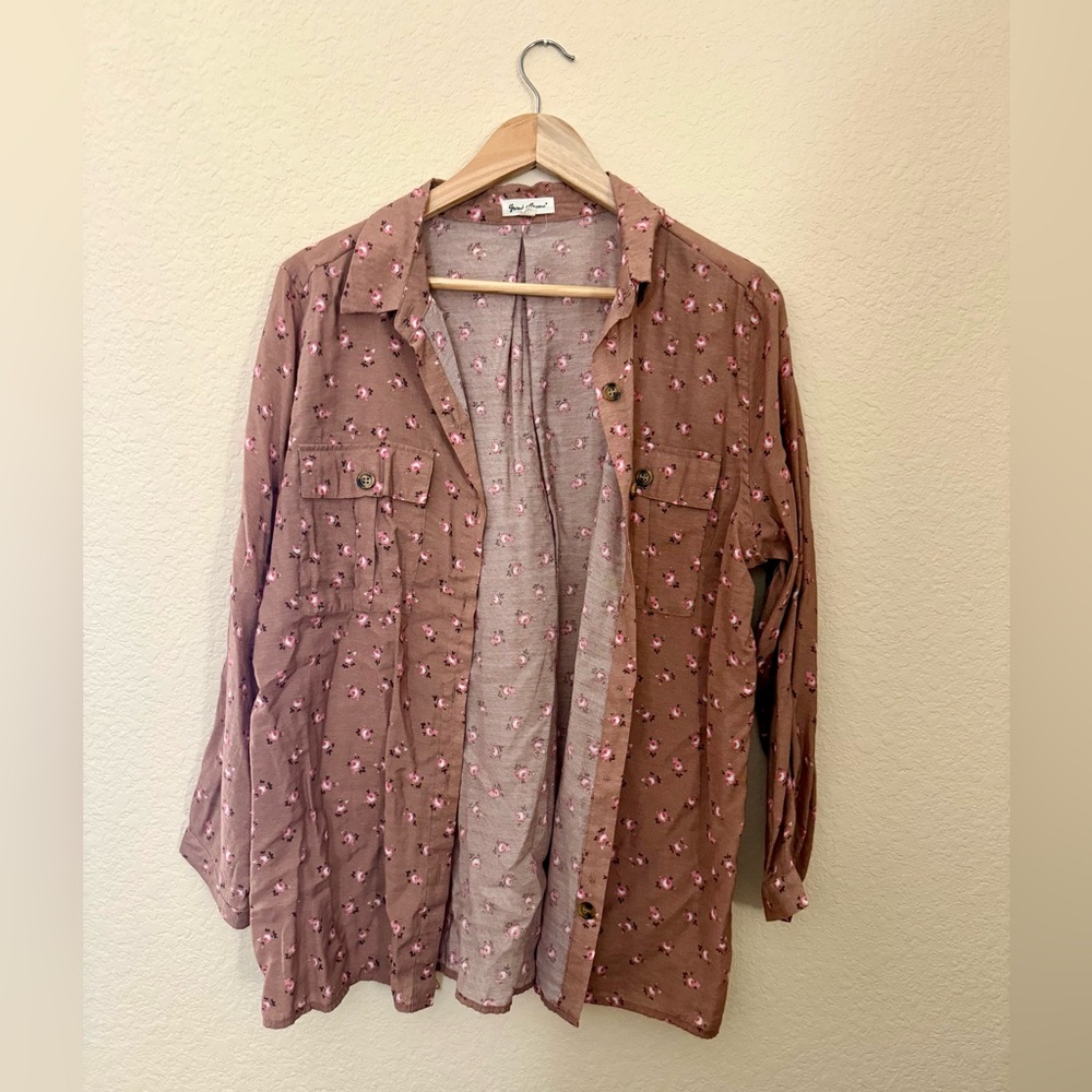 Grand & Greene Tan Shirt with Pink Floral Accents
